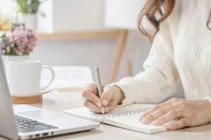 Headerbild: 7 Punkte für eine erfolgreiche Businessplanung. Frau sitzt am Schreibtisch und notiert etwas in ihre Notizbuch.