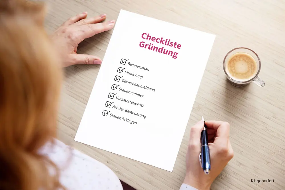 Headerbild Unternehmen gründen: Checkliste: Eine Frau sitzt am Tisch und hat eine Checkliste vor sich liegen.