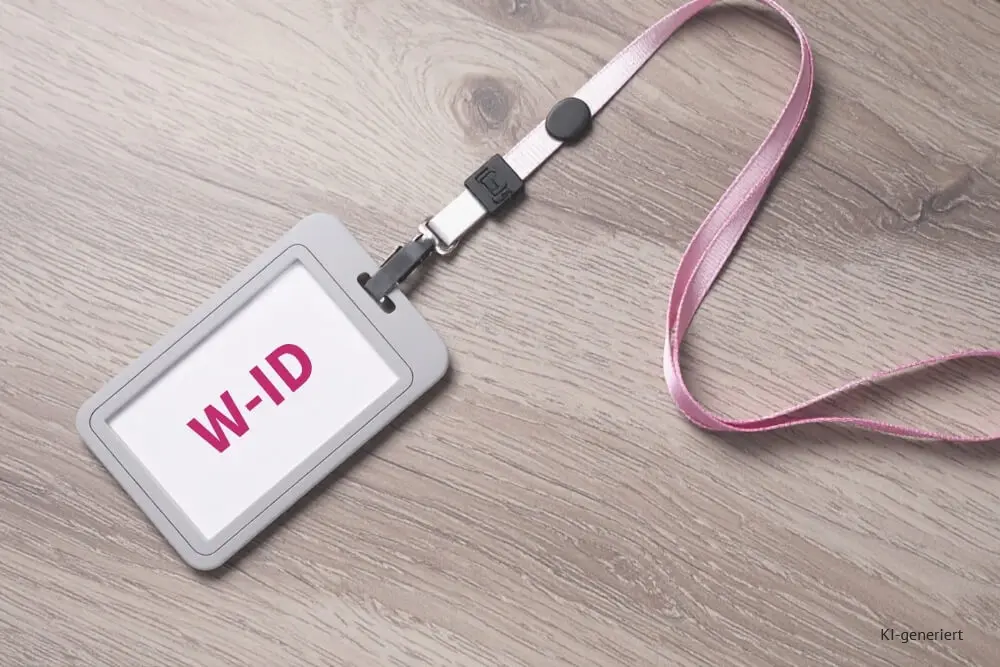 Headerbild Wirtschaftsidentifikationsnummer: ID-Ausweis liegt auf einem Holztisch. Auf der ID steht. W-ID.