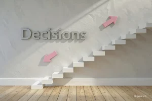 Titelbild Blogartikel gewerblich oder freiberuflich: Treppe für nach oben oder nach unten. An der Wand steht das Wort Decisions mit Pfeilen nach oben oder nach unten.