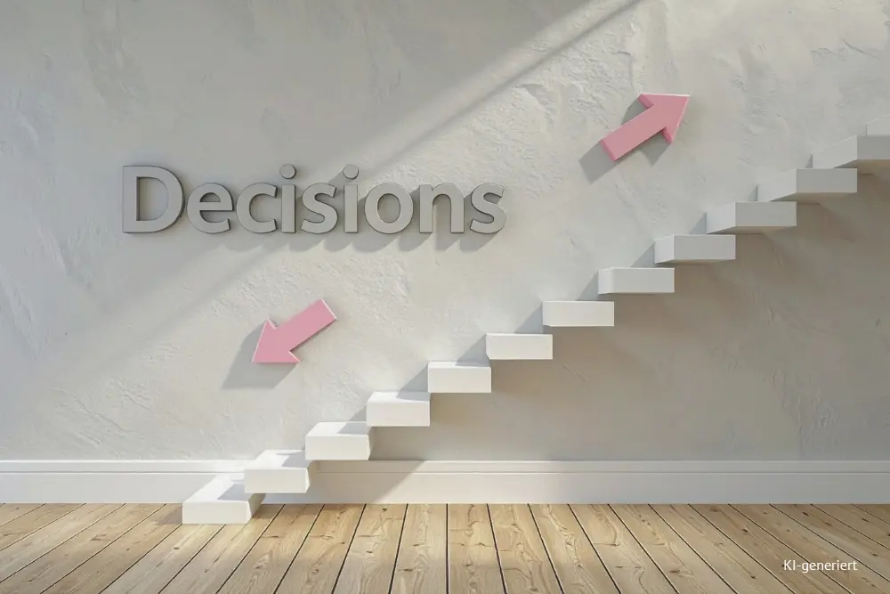 Titelbild Blogartikel gewerblich oder freiberuflich: Treppe für nach oben oder nach unten. An der Wand steht das Wort Decisions mit Pfeilen nach oben oder nach unten.