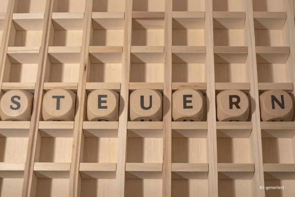 Headerbild Steuerglossar Einnahmenüberschussrechnung. Würfe in einem Kasten zeigen das Wort STEUERN.