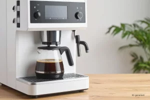 Headerbild Steuerglossar Geringwertige Wirtschaftsgüter. Kaffeemaschine auf einem Holztisch.