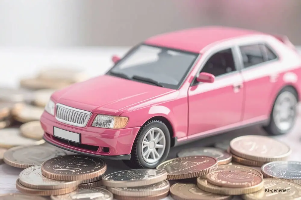 Headerbild Steuerglossar Kilometerpauschale. Pinkes Auto steht auf Geldmünzen.