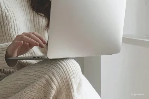 Headerbild Steuerglossar Kleinunternehmerregelung 2025. Frau in weißem Strickkleid hat Laptop auf dem Schoß und arbeitet.