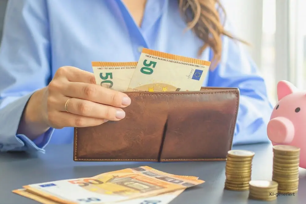 Headerbild Steuerglossar Soll-Ist-Versteuerung. Frau zieht 50 EUR Scheine aus einem Geldbeutel.