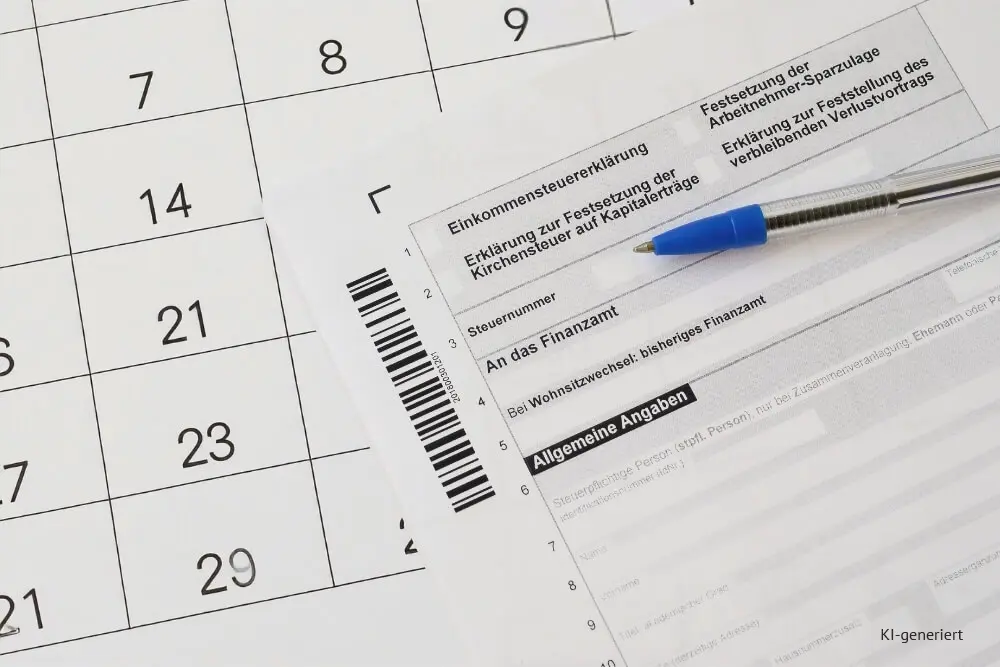 Headerbild Steuerglossar Steuernummer. Elsterformular zur Einkommensteuererklärung liegt auf dem Tisch.