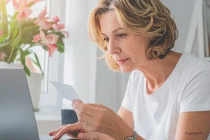 Headerbild Steuerglossar Verfahrensdokumentation. Frau sitzt mit Beleg am Schreibtisch vorm Laptop.