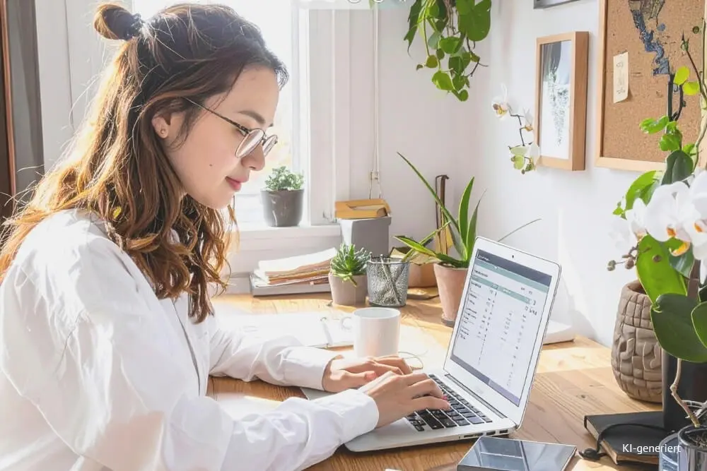 Headerbild Kontoauszüge Aufbewahrungspflicht: Eine Frau sitzt am Laptop am Tisch.