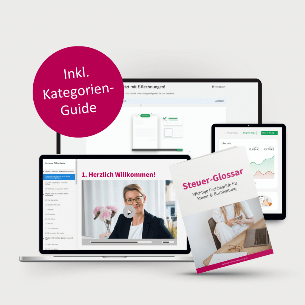 Lexware Office Lotse Produktmockup. Laptop, Bildschirm, Tablet und Booklet.