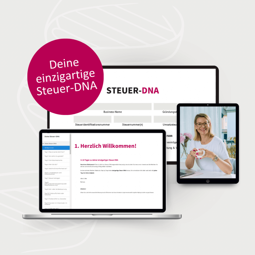 Mockup Minikurs Steuer-DNA Produktbild. Laptop, Bildschrim und Tablet.