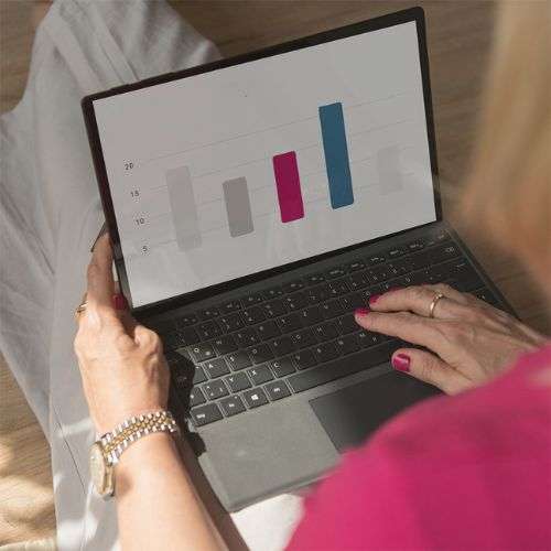 Kleinunternehmerwissen TaxLounge Consulting. Barbara sitzt an Laptop. Auf dem Laptop ist ein Balkendiagramm zu sehen.