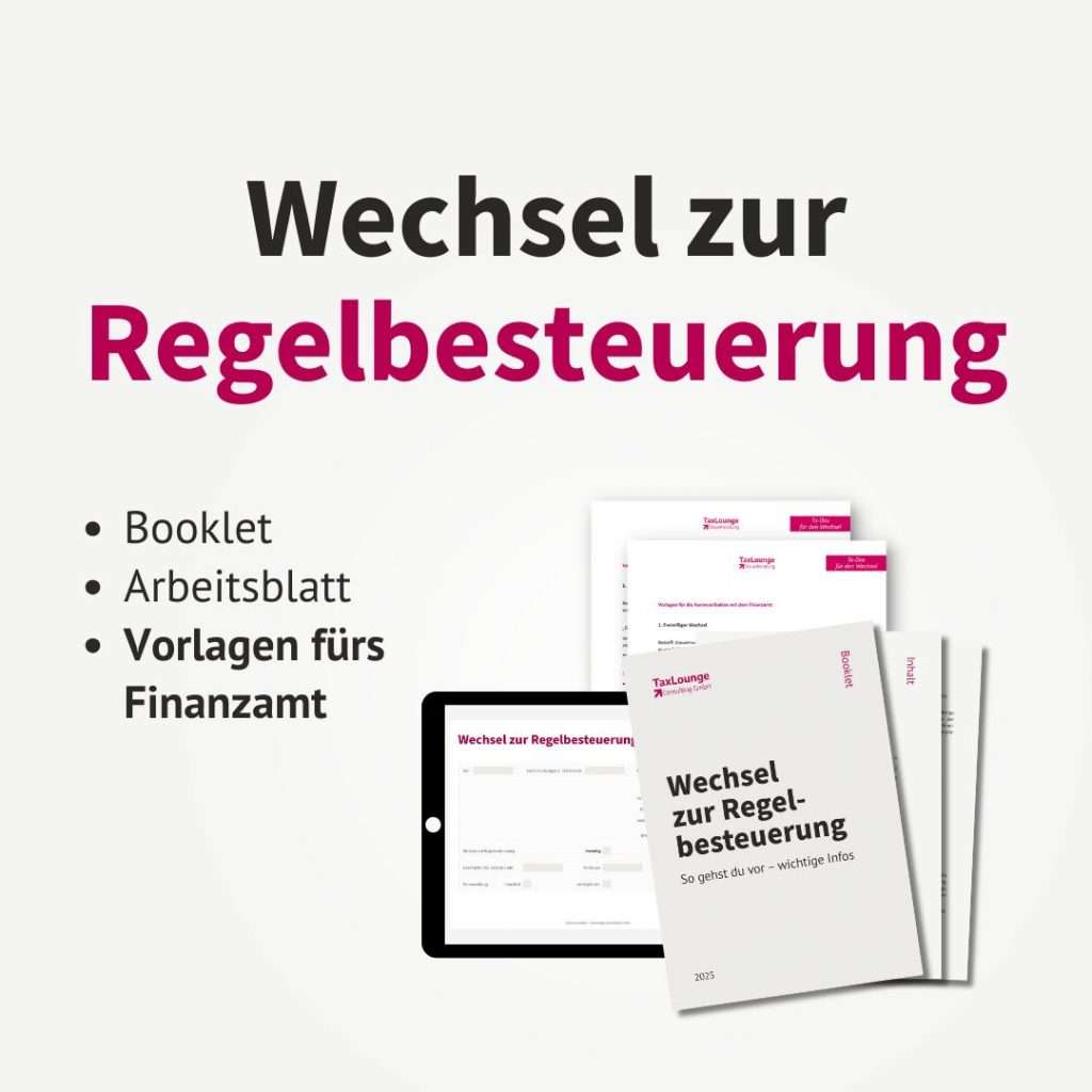 Workshop Wechsel zur Regelbesteuerung Download Material. Mockup mit Booklet, Tablet und Vorlagen.