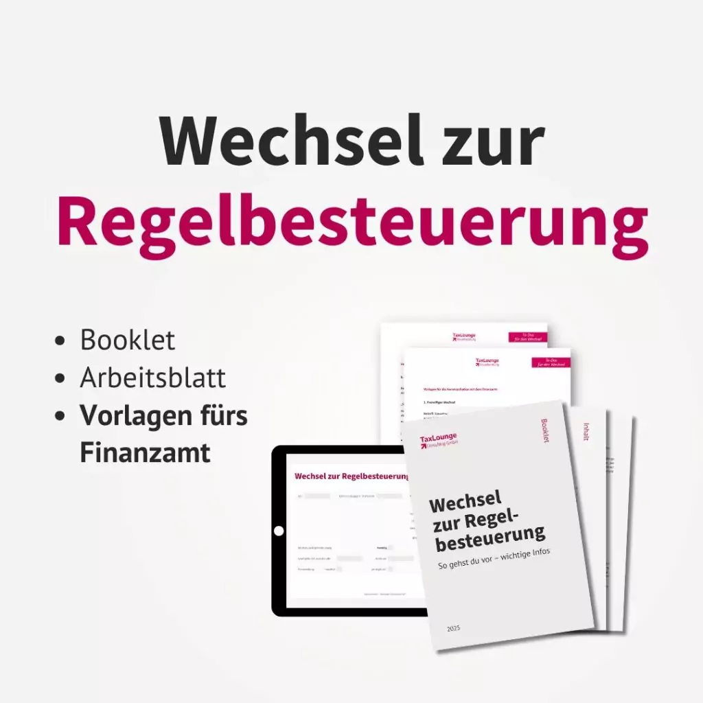 Workshop Wechsel zur Regelbesteuerung Download Material. Mockup mit Booklet, Tablet und Vorlagen.