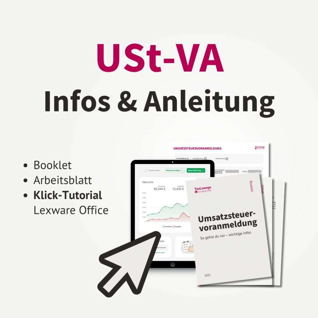 Workshop Umsatzsteuervoranmeldung Download Material. Mockup mit Booklet, Tablet und Mauszeiger.