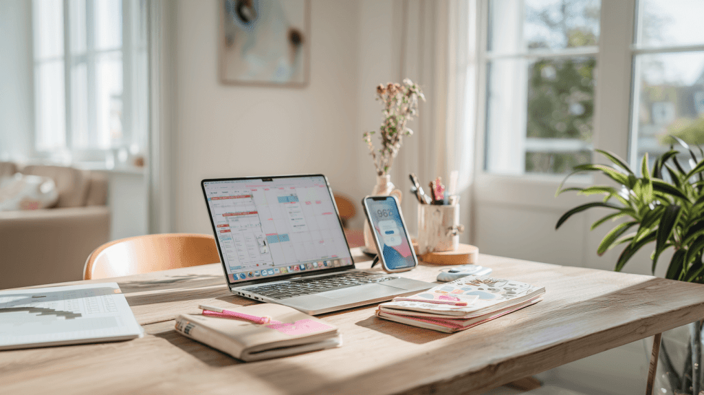 Steuerkalender für Selbstständige Headerbild: Laptop mit dem Kalender auf dem Bildschirm steht auf einem Schreibtisch.