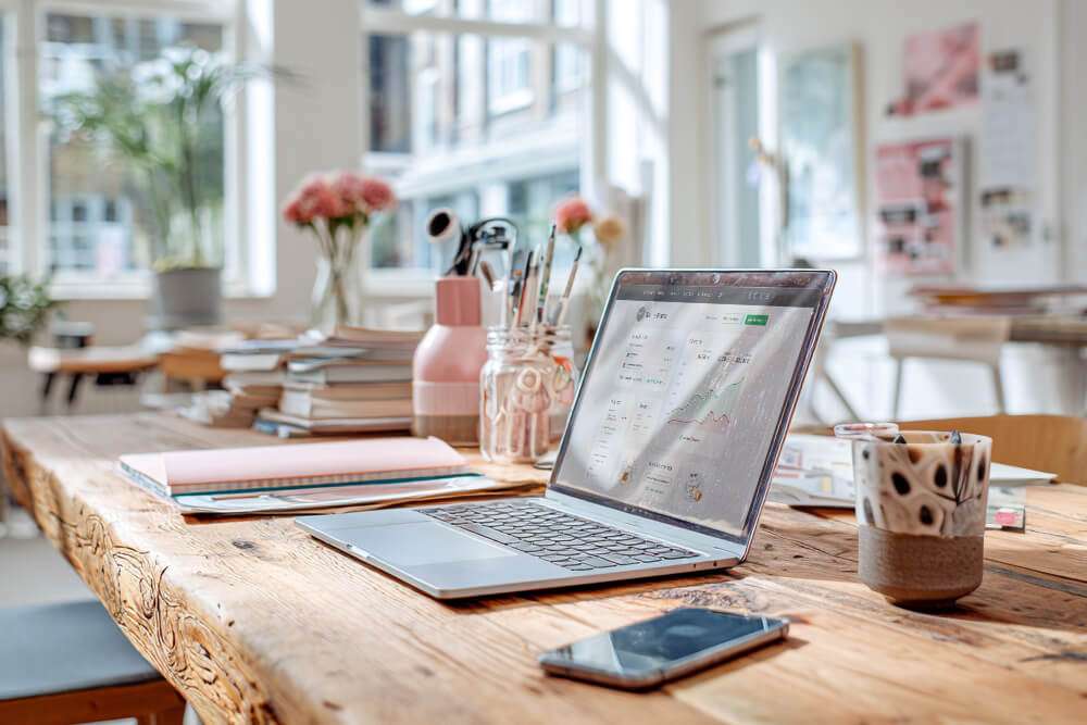 Headerbild Buchhaltung selber machen: Laptop steht auf einem Holztisch. Der Bildschirm zeigt eine Buchhaltungssoftware.