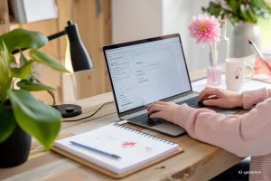 Titelbild: E-Rechnung: Was seit 2025 gilt – und was sich zukünftig noch ändert. Frau sitzt am Laptop am Schreibtisch.