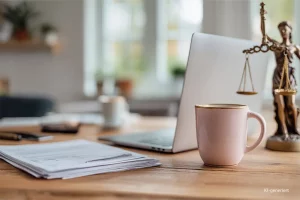 Titelbild Steueränderungen 2026: Was Selbstständige wirklich betrifft. Laptop und Justitia auf einem Schreibtisch.