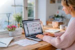 Headerbild Blog Künstlersozialabgabe: Grafikdesignerin sitzt am Laptop und arbeitet an einem Corporate Design.